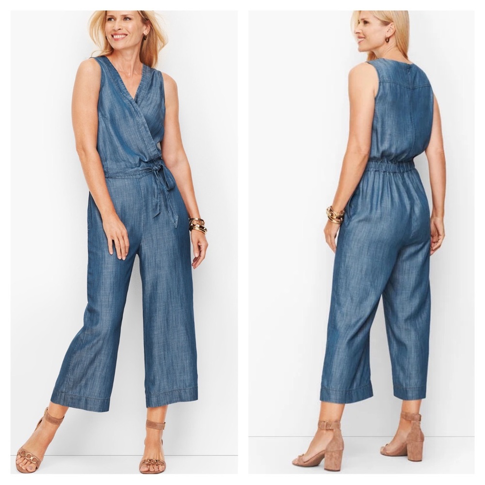 Talbots Blue Denim Chambray Tie Front Jumpsuit Ankle Length Women’s Size 4 NEW - Picture 2 of 5